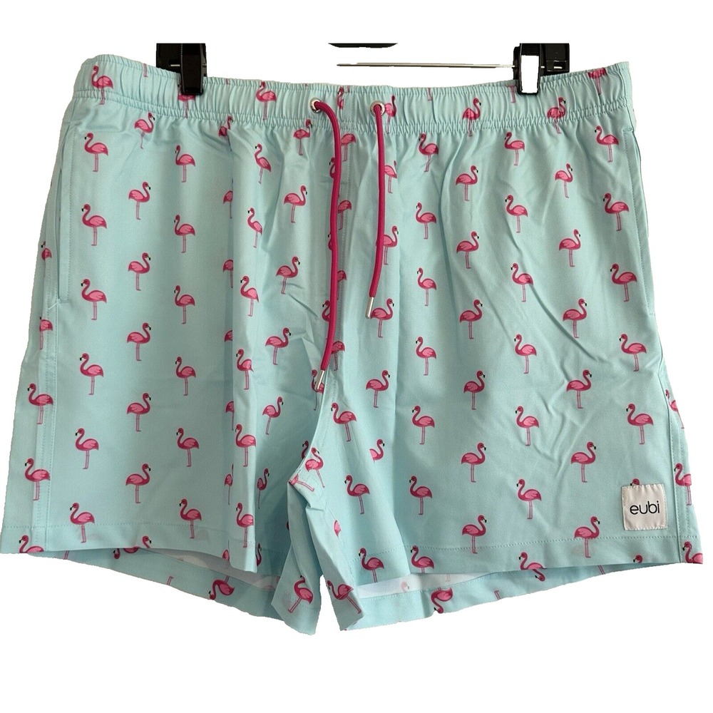 EUBI Swim Shorts Men XXL Stretchy Drawstring Blue Pink Flamingo Let's Flamingle